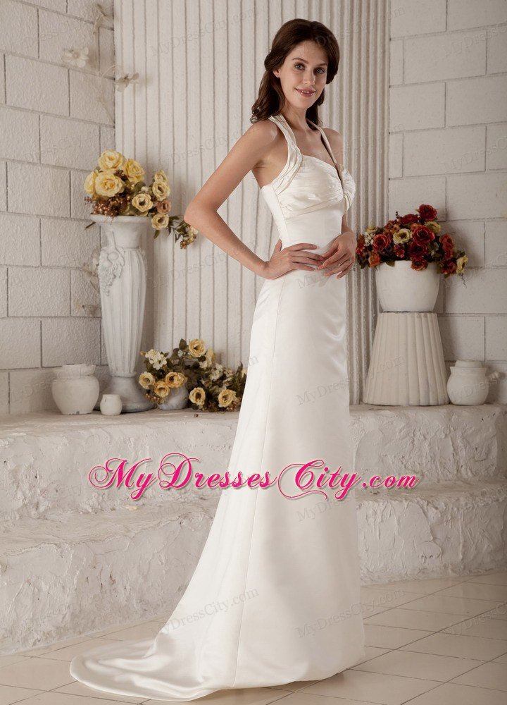 Simple Halter Column Sweep Train Zipper-up Ruched Wedding Gown