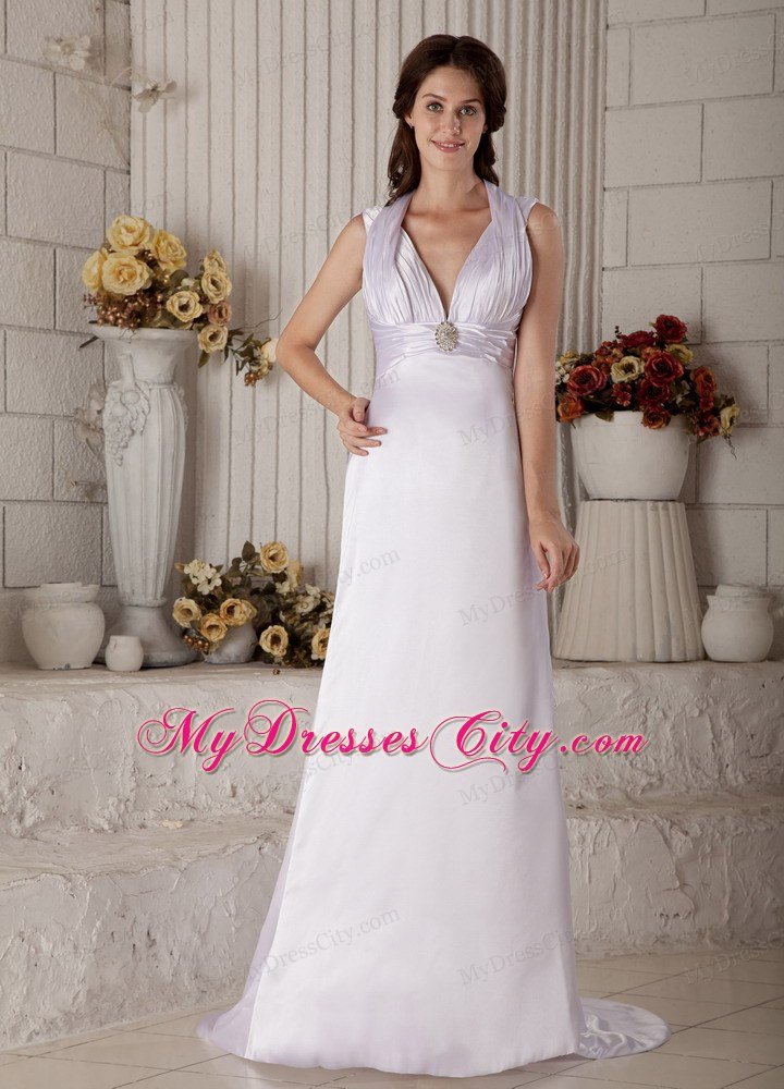 Halter V-back Column Wedding Dress with Beading and Ruches