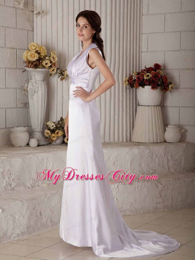 Halter V-back Column Wedding Dress with Beading and Ruches