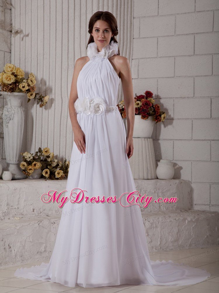 Empire High-neck Court Train Hand-made Flower Chiffon Bridal Dress