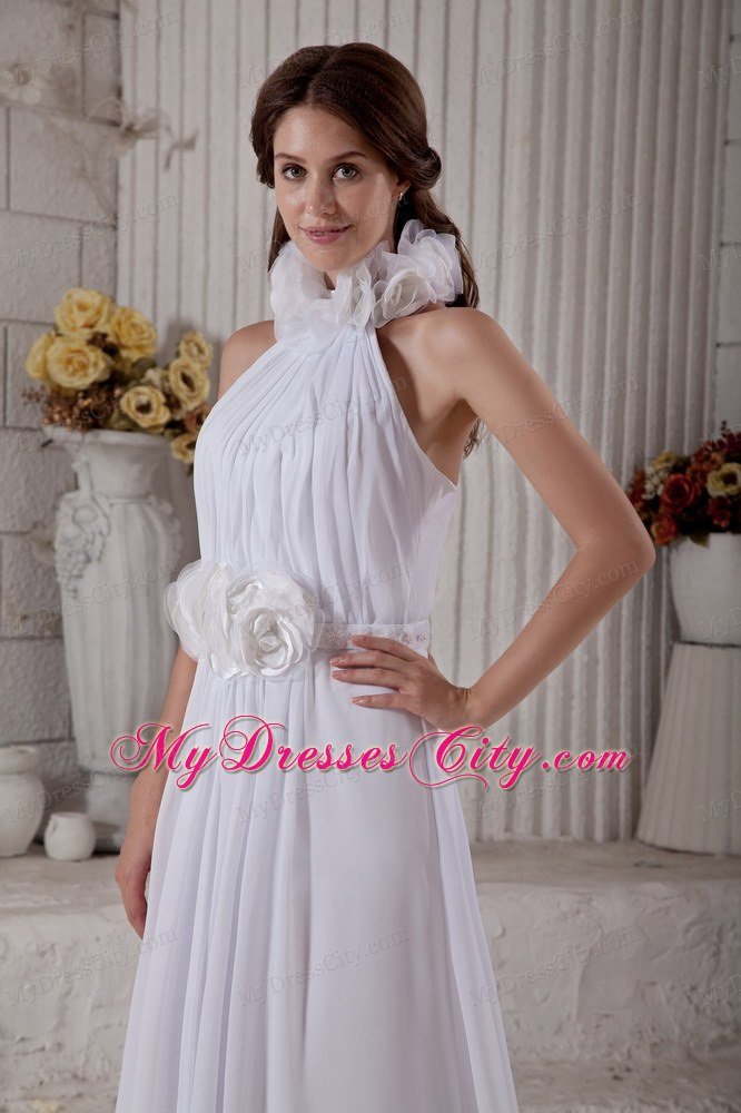 Empire High-neck Court Train Hand-made Flower Chiffon Bridal Dress