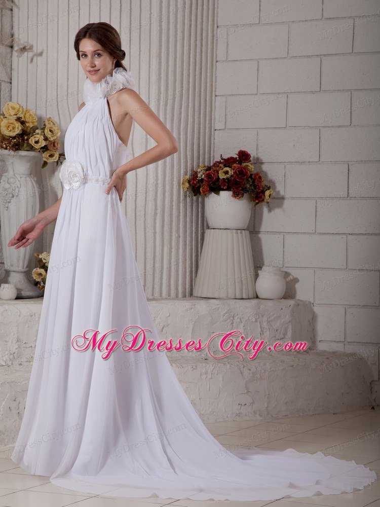 Empire High-neck Court Train Hand-made Flower Chiffon Bridal Dress