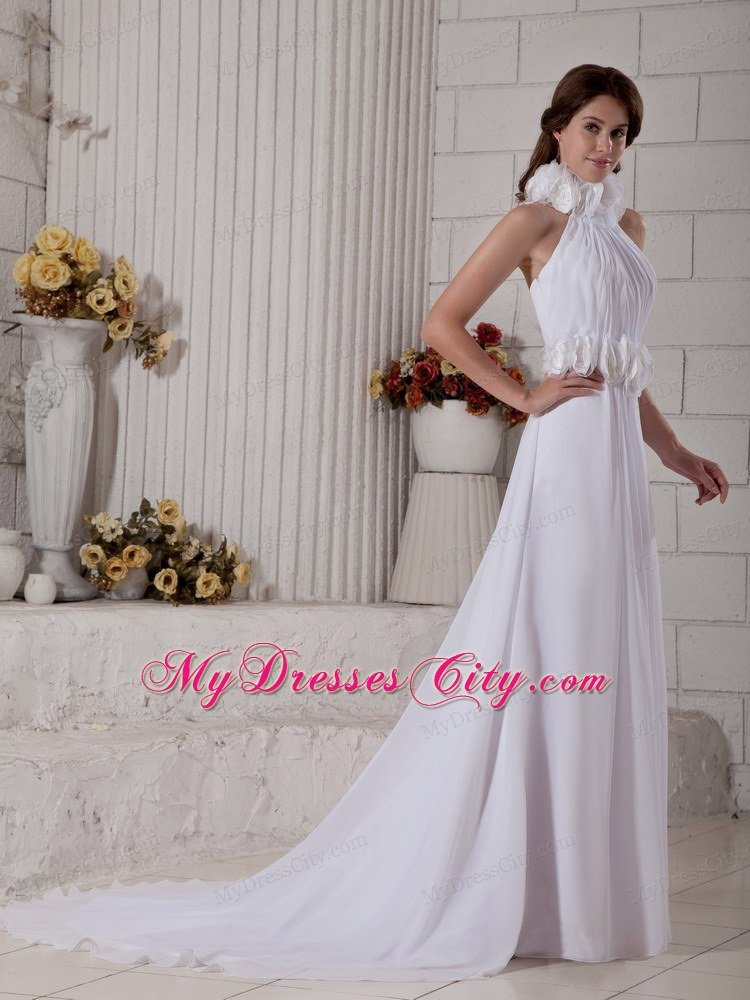 Empire High-neck Court Train Hand-made Flower Chiffon Bridal Dress