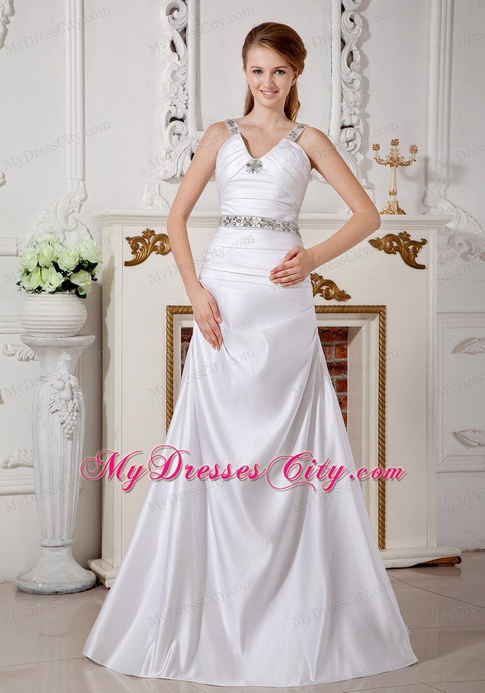 A-line V-neck Beaded Straps and Waist Ruched Bridal Dress