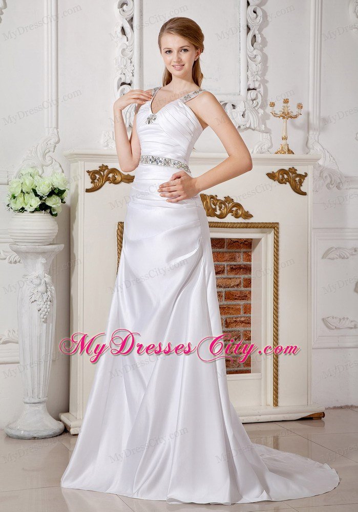 A-line V-neck Beaded Straps and Waist Ruched Bridal Dress