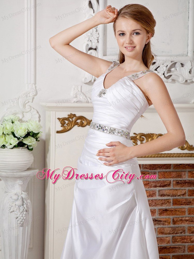 A-line V-neck Beaded Straps and Waist Ruched Bridal Dress