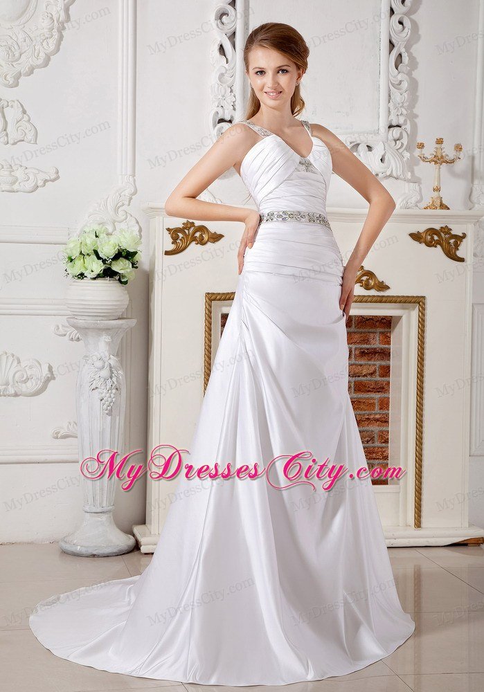 A-line V-neck Beaded Straps and Waist Ruched Bridal Dress