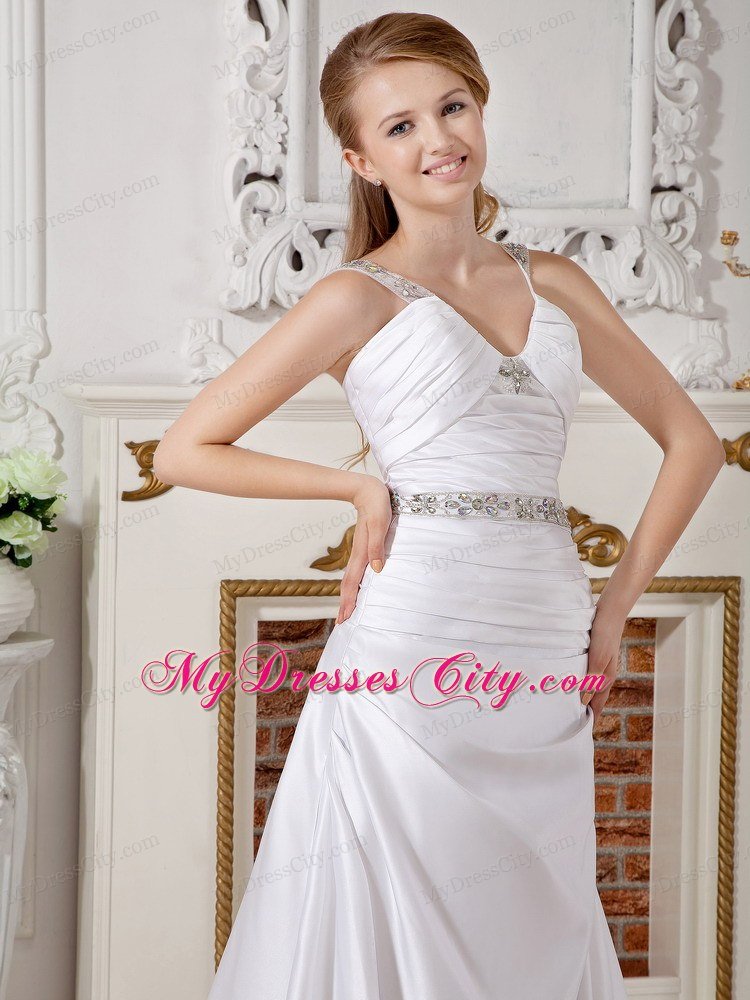 A-line V-neck Beaded Straps and Waist Ruched Bridal Dress