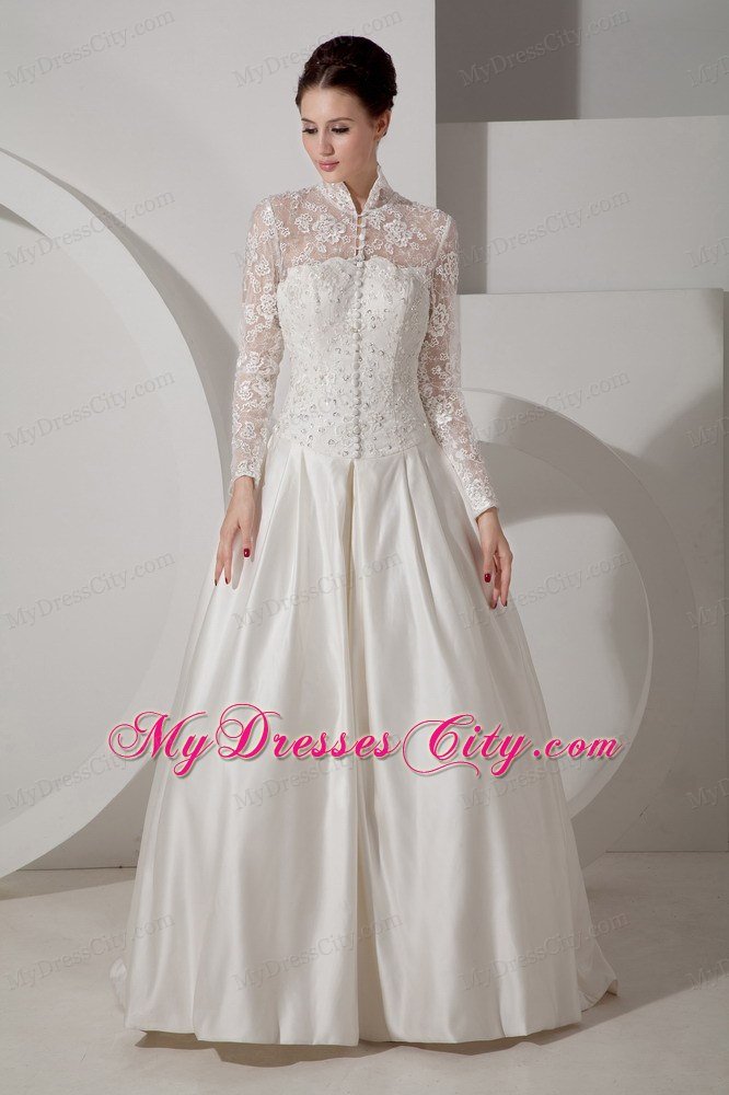 A-line High-neck Long Sleeves Taffeta Lace Bridal Gown