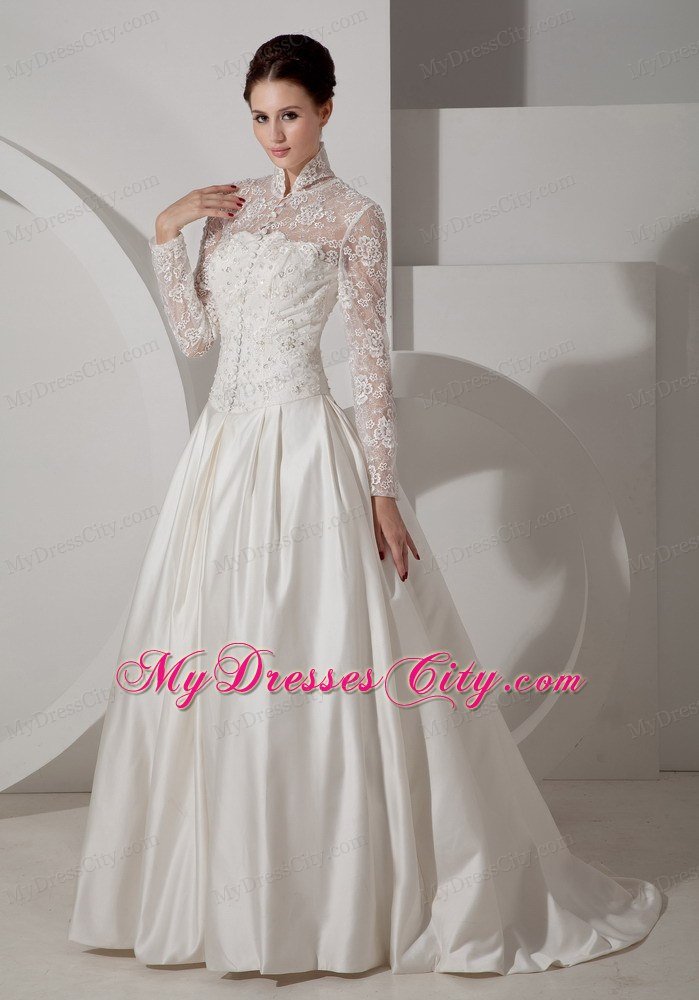 A-line High-neck Long Sleeves Taffeta Lace Bridal Gown