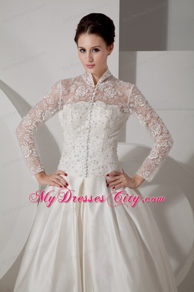 A-line High-neck Long Sleeves Taffeta Lace Bridal Gown