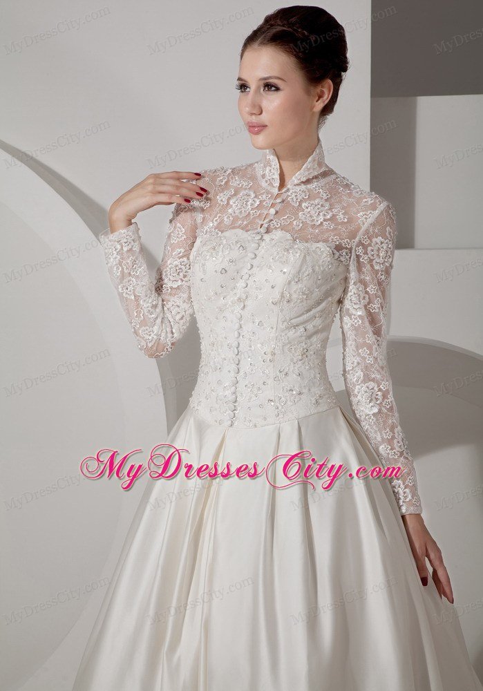 A-line High-neck Long Sleeves Taffeta Lace Bridal Gown