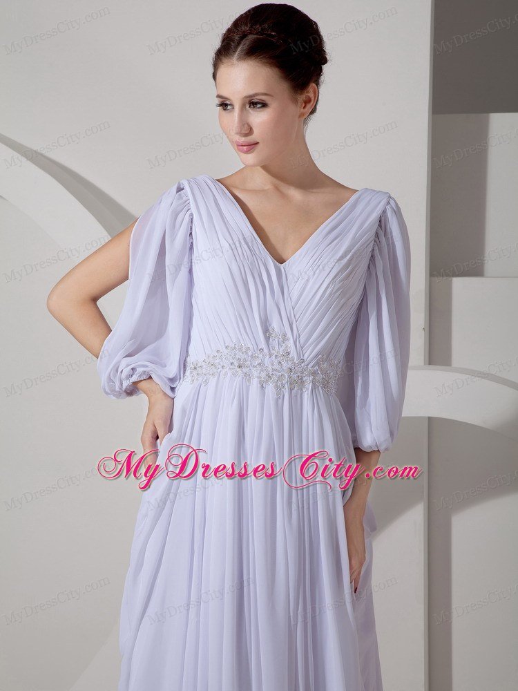 Empire V-neck Half Sleeves Ruched and Beaded Bridal Dress