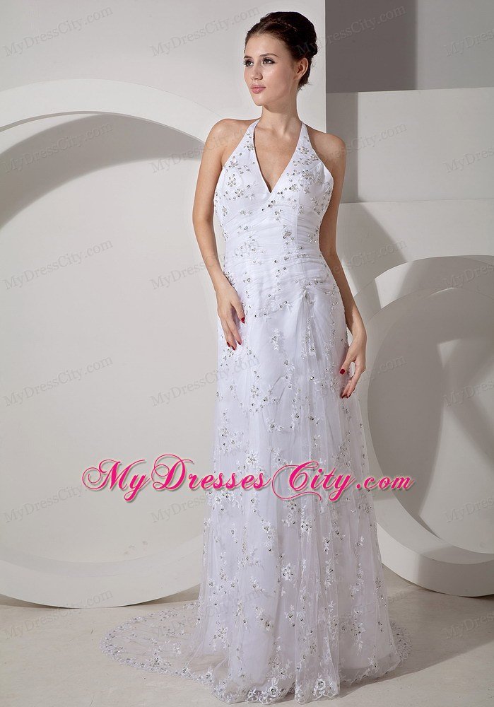 Halter Lace Beading Court Train Bridal Dress with Clasp Handle