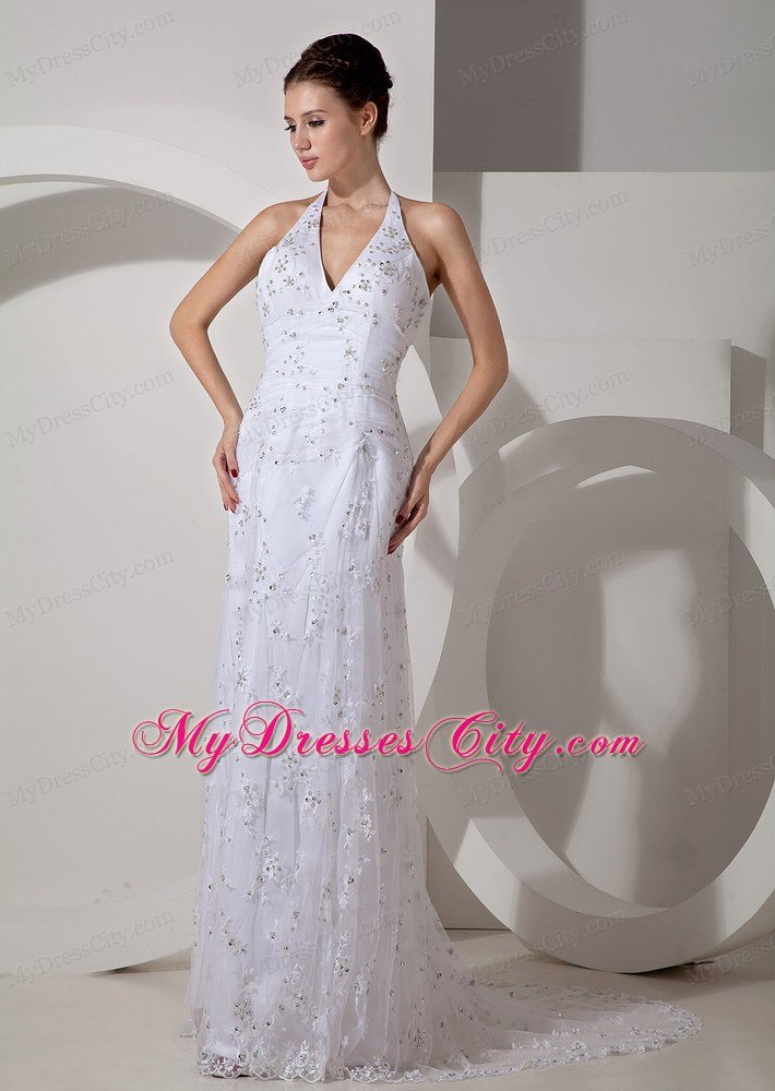 Halter Lace Beading Court Train Bridal Dress with Clasp Handle