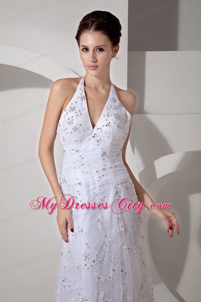 Halter Lace Beading Court Train Bridal Dress with Clasp Handle