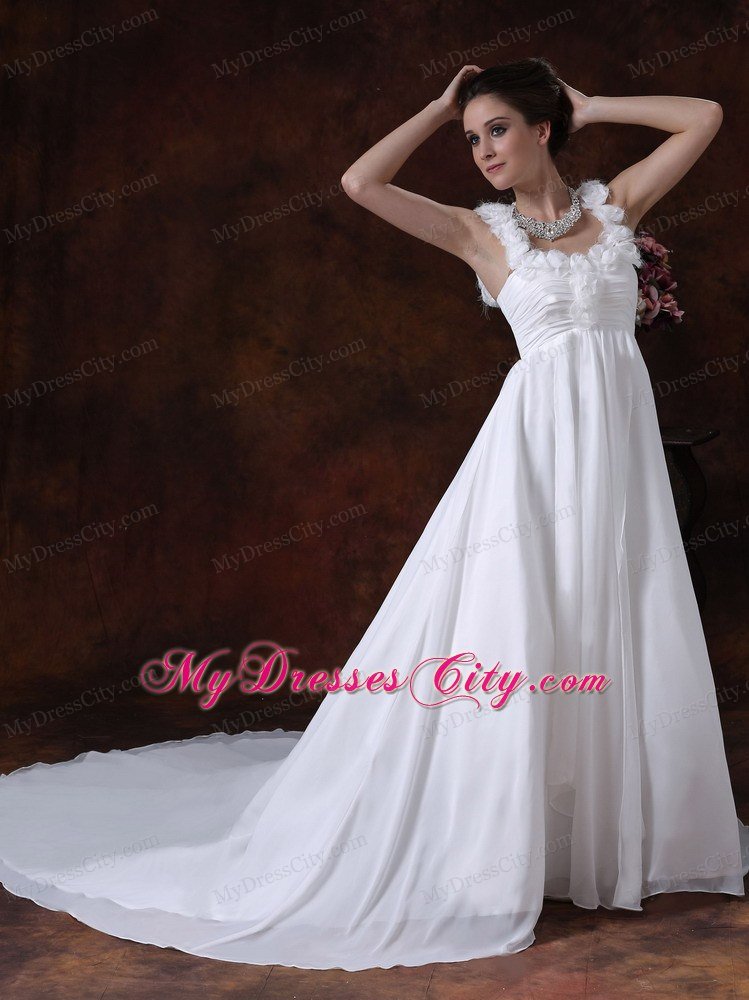 Hand-made Flower Decorate Straps Ruched Bridal Dress