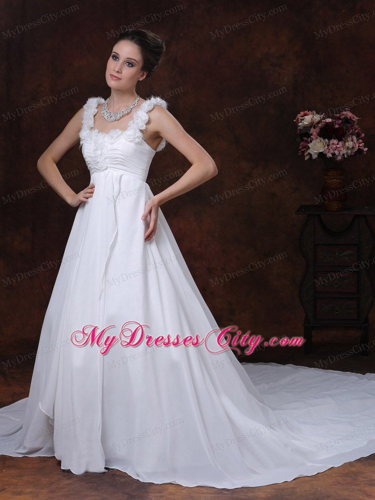 Hand-made Flower Decorate Straps Ruched Bridal Dress