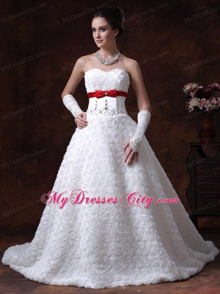 Rolling Flower Fabric Red Bowknot Sash Bridal Dress