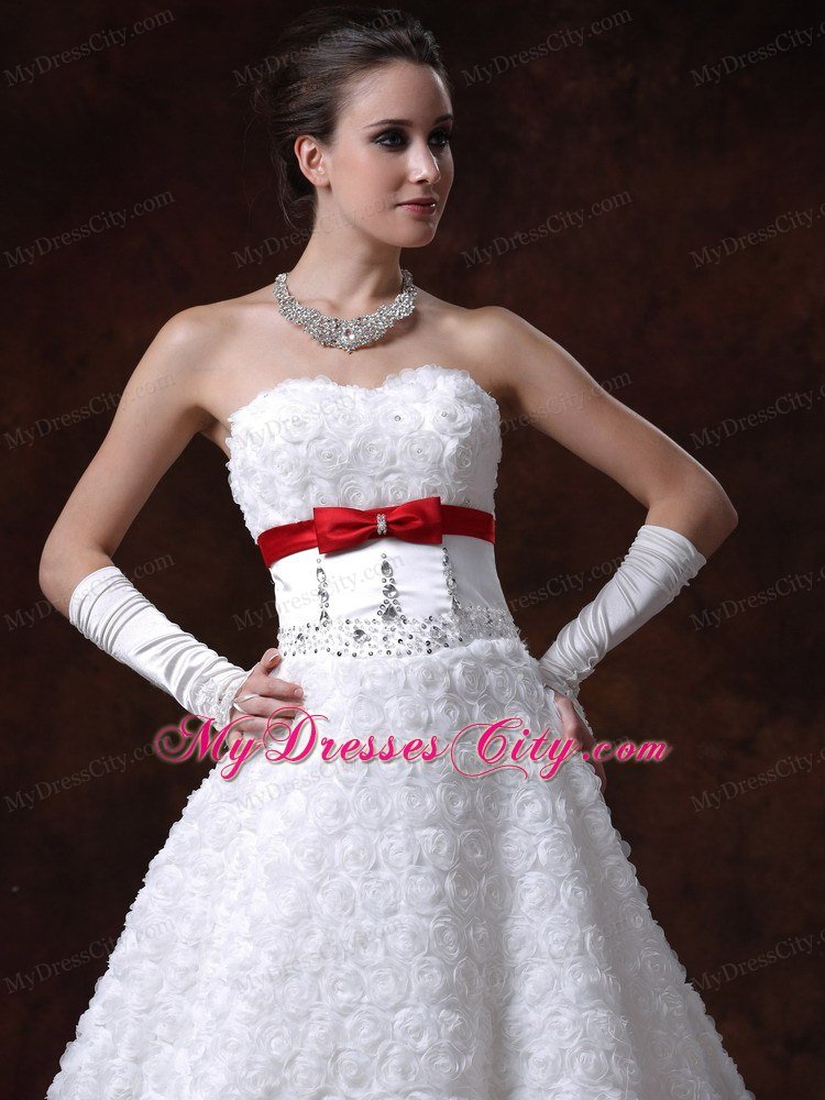 Rolling Flower Fabric Red Bowknot Sash Bridal Dress