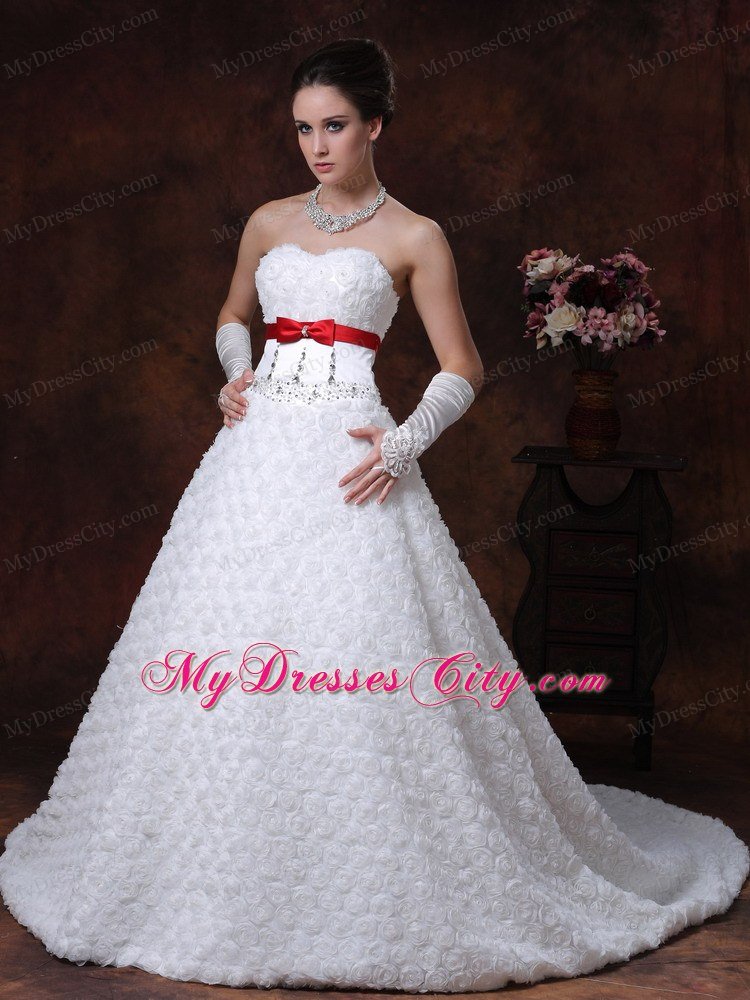 Rolling Flower Fabric Red Bowknot Sash Bridal Dress