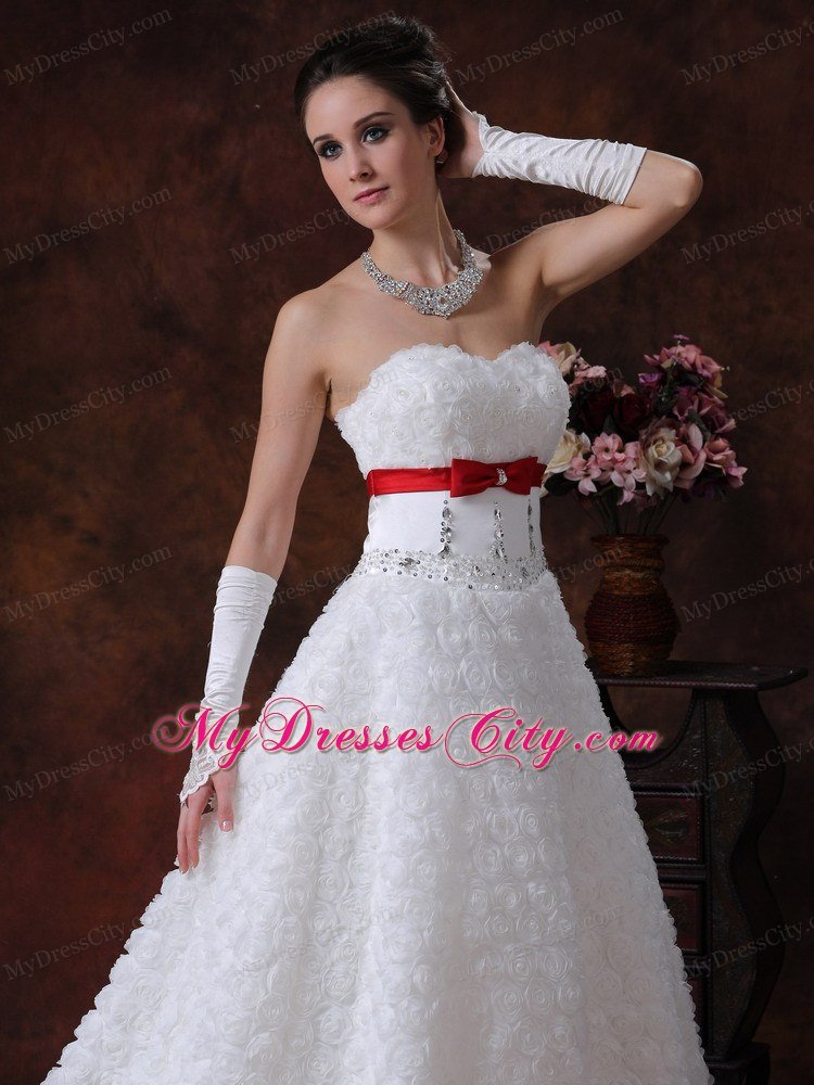 Rolling Flower Fabric Red Bowknot Sash Bridal Dress