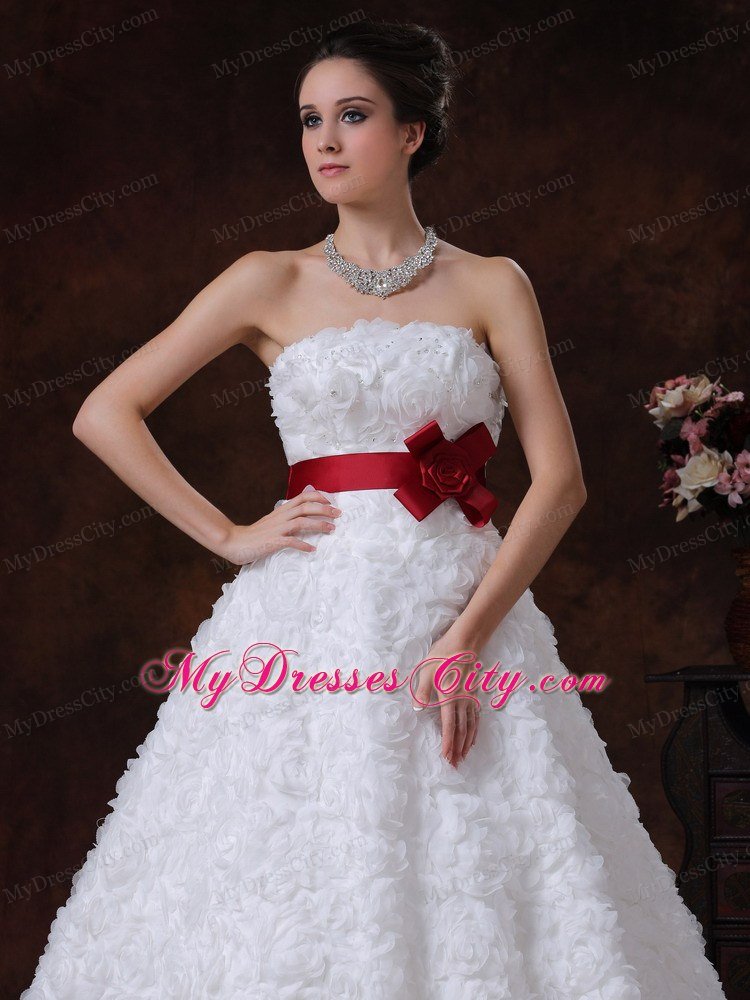 Rolling Flowers Brush Train Red Flower Sash Bridal Dress