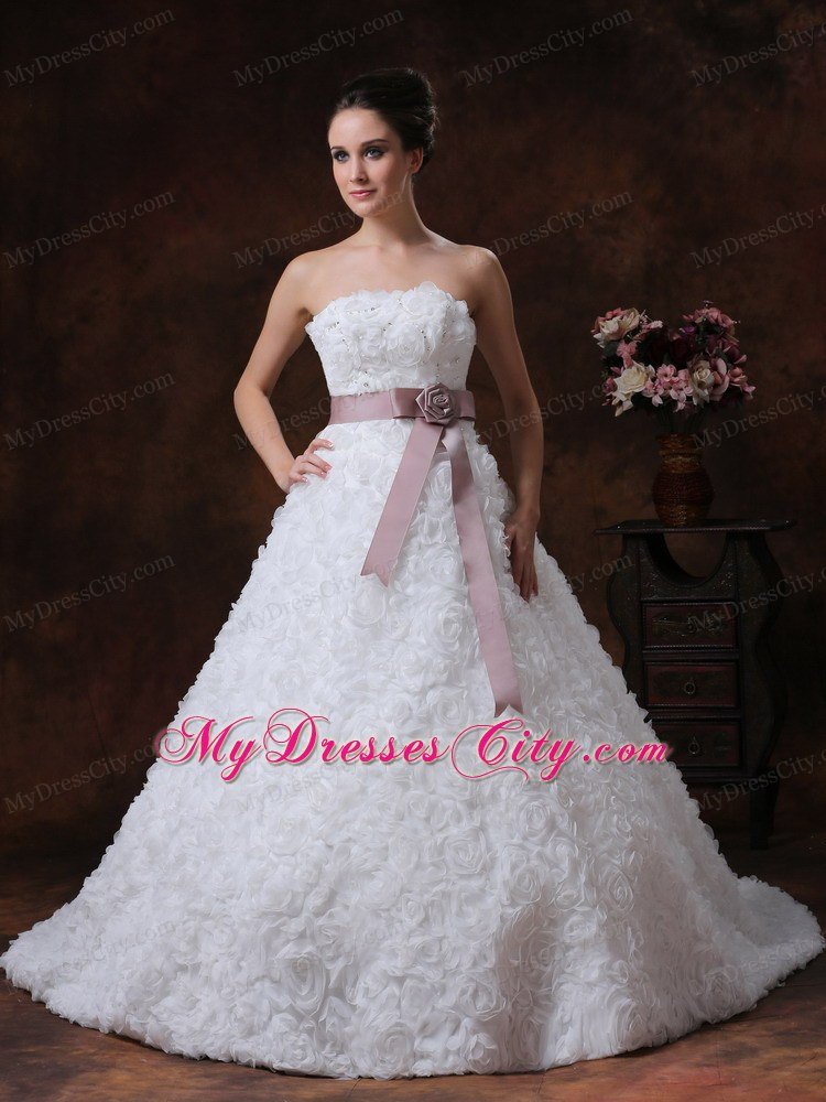 Strapless A-line Rolling Flowers Brush Train Sash Bridal Dress