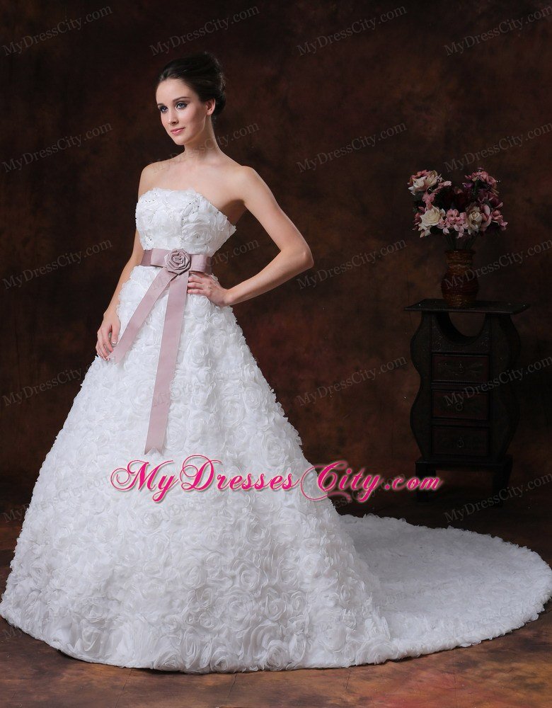 Strapless A-line Rolling Flowers Brush Train Sash Bridal Dress