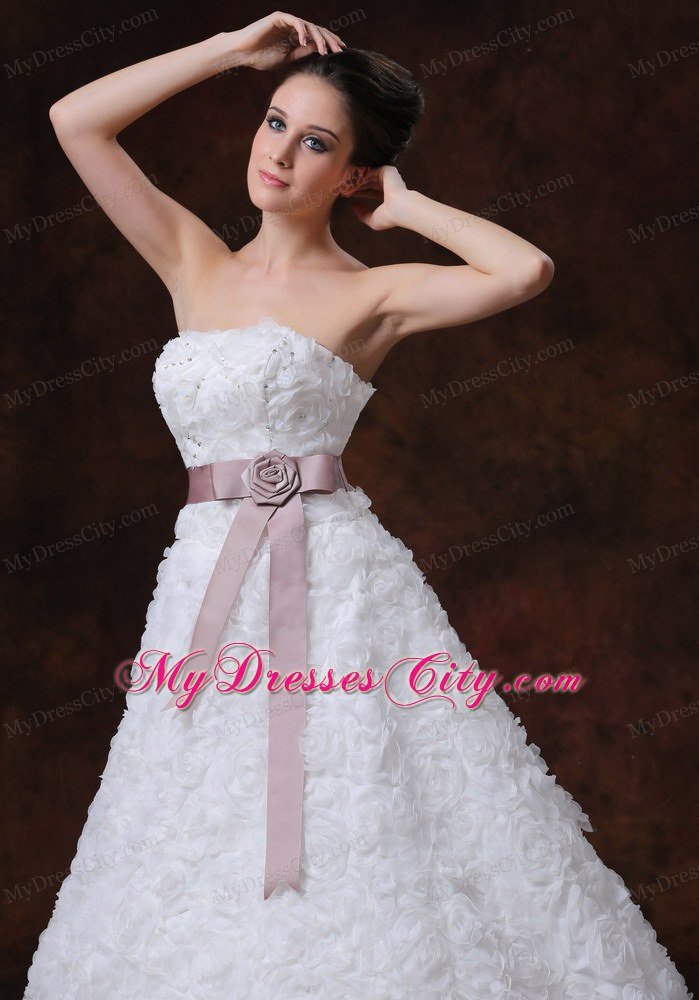 Strapless A-line Rolling Flowers Brush Train Sash Bridal Dress