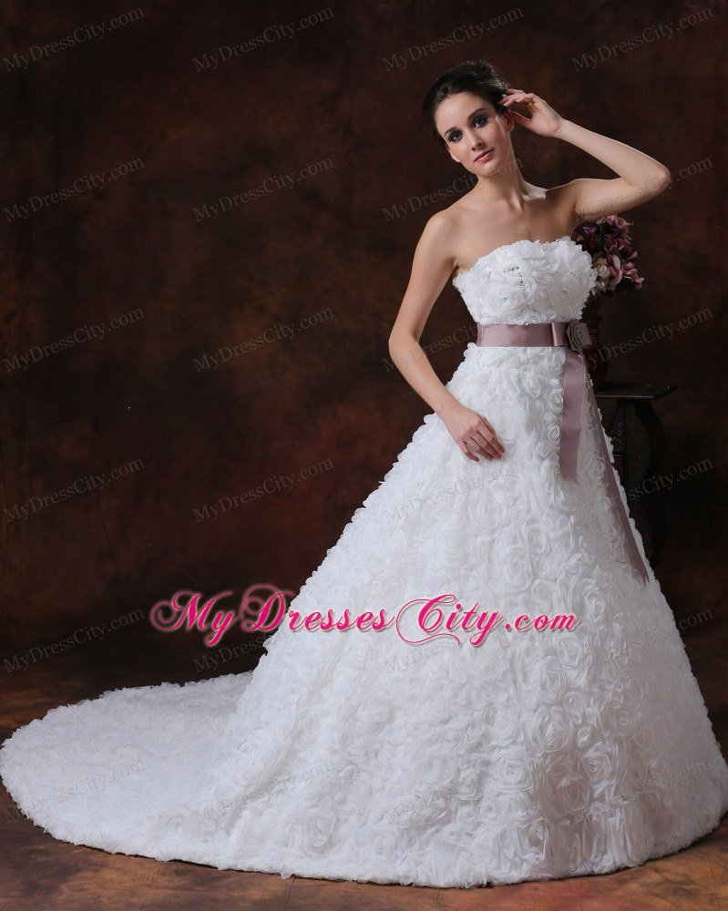 Strapless A-line Rolling Flowers Brush Train Sash Bridal Dress