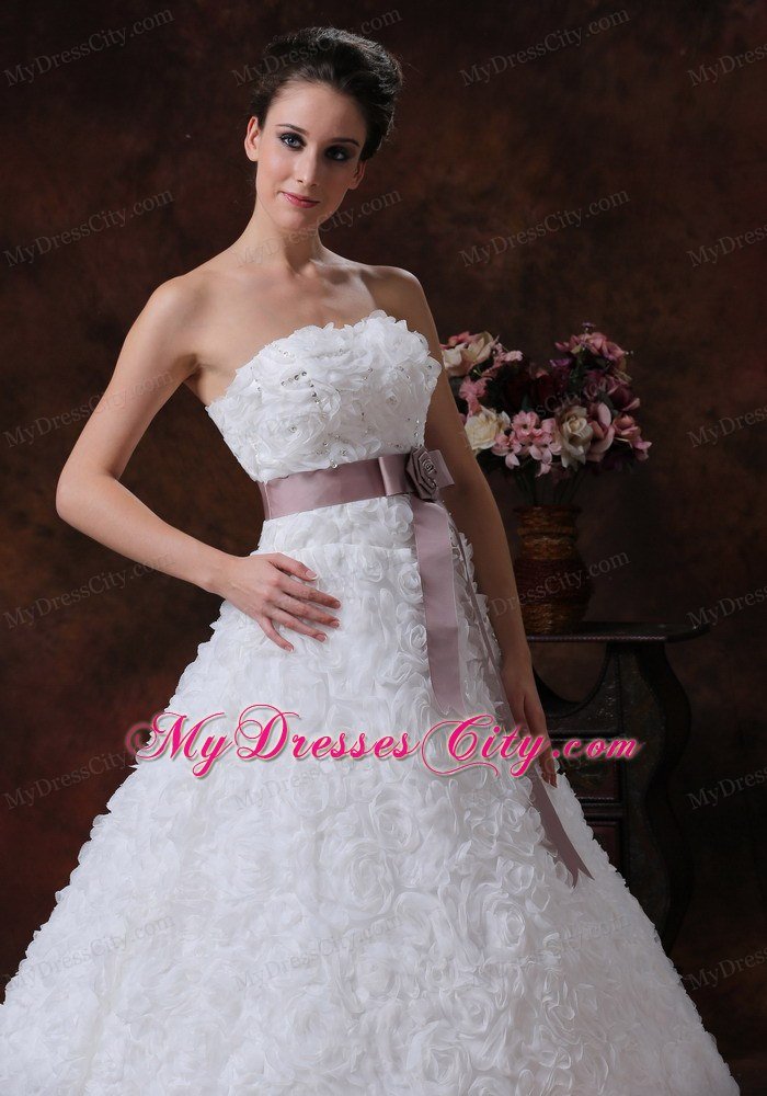 Strapless A-line Rolling Flowers Brush Train Sash Bridal Dress