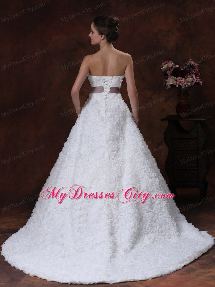 Strapless A-line Rolling Flowers Brush Train Sash Bridal Dress