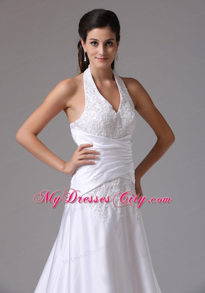 Halter A-line Embroidery Brush Train Ruched Bridal Dress