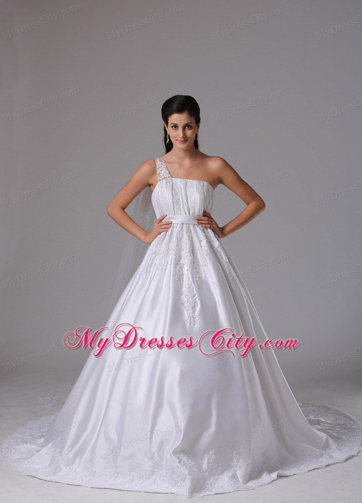 A-line Appliques One Shoulder Watteau Train Sash Bridal Dress