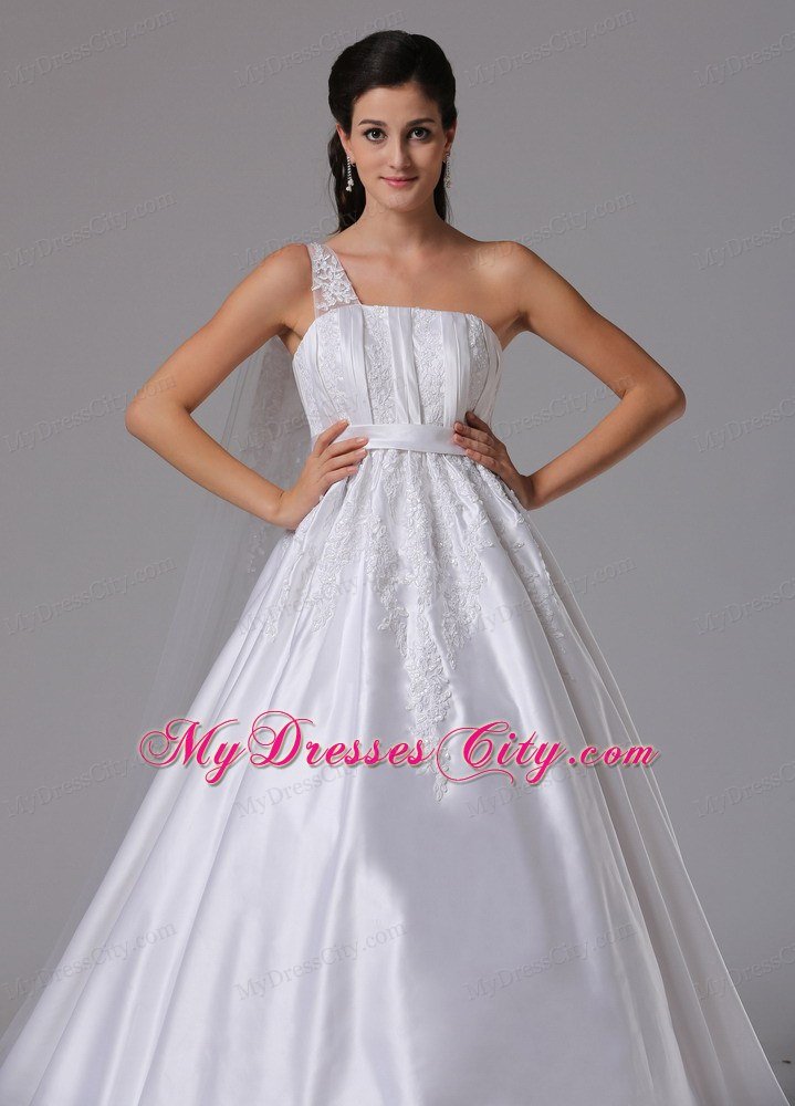 A-line Appliques One Shoulder Watteau Train Sash Bridal Dress