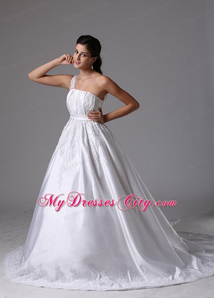 A-line Appliques One Shoulder Watteau Train Sash Bridal Dress