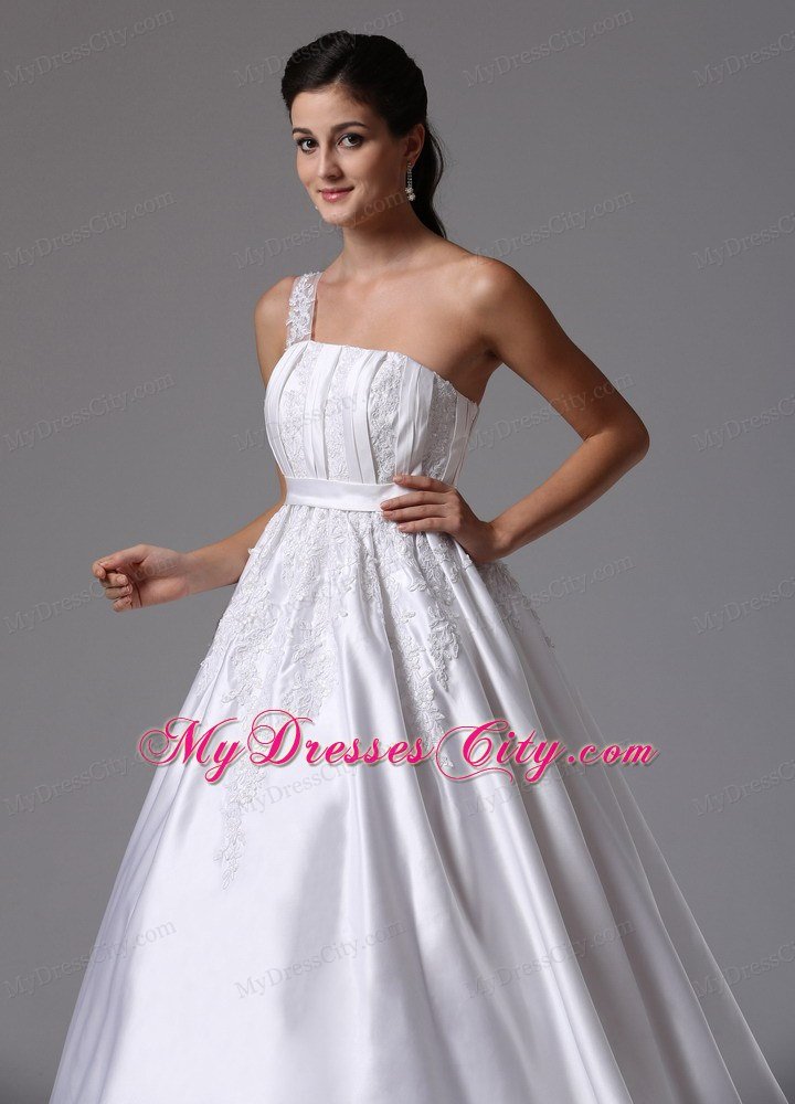 A-line Appliques One Shoulder Watteau Train Sash Bridal Dress