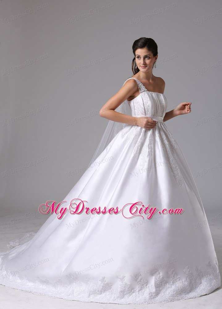 A-line Appliques One Shoulder Watteau Train Sash Bridal Dress