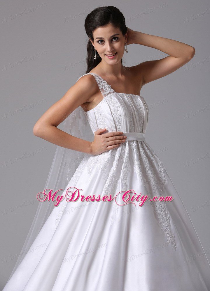 A-line Appliques One Shoulder Watteau Train Sash Bridal Dress