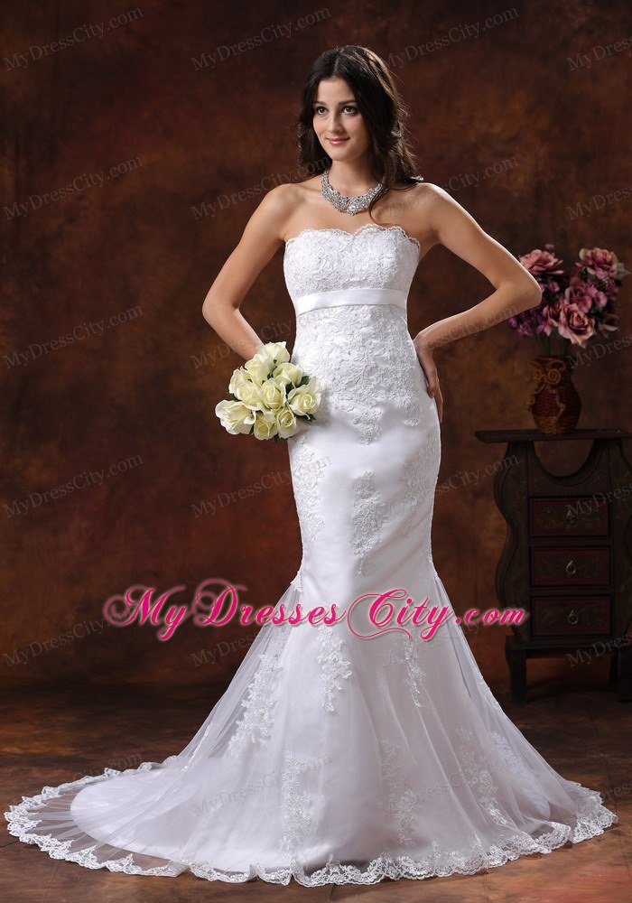 Strapless Mermaid Brush Train Sash and Lace Bridal Dress