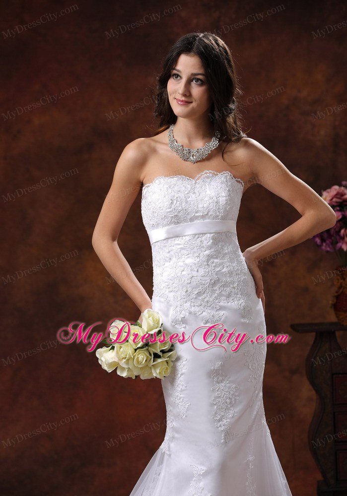 Strapless Mermaid Brush Train Sash and Lace Bridal Dress