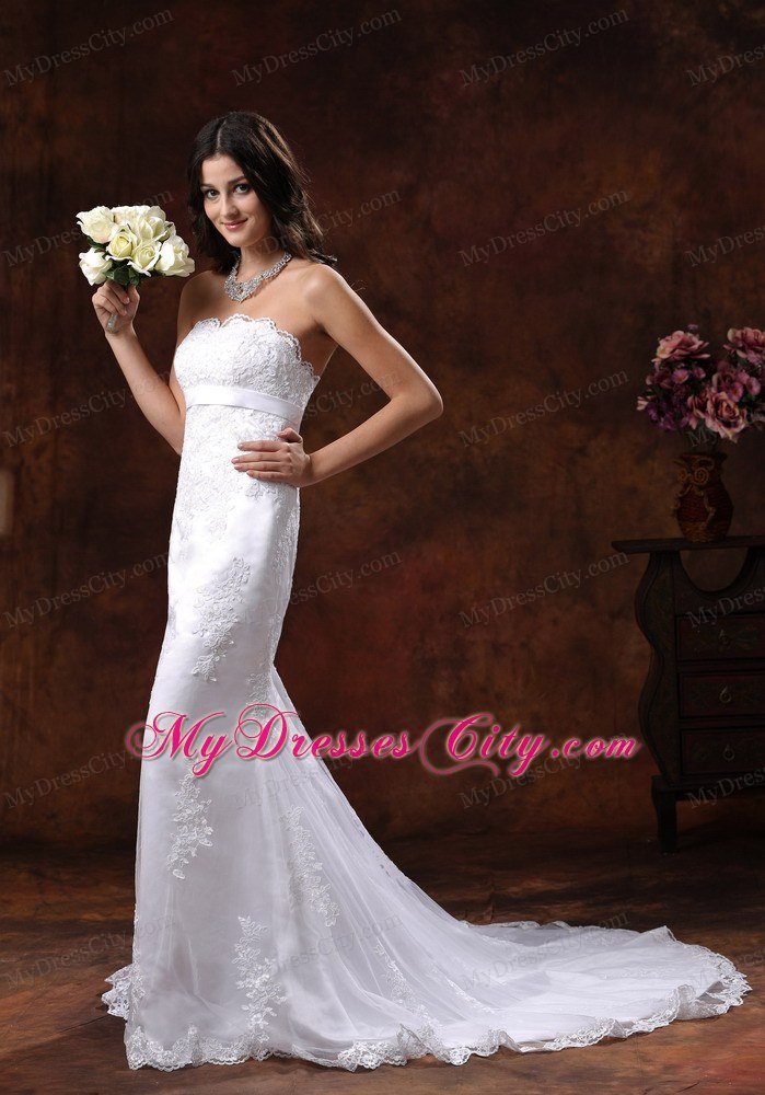 Strapless Mermaid Brush Train Sash and Lace Bridal Dress