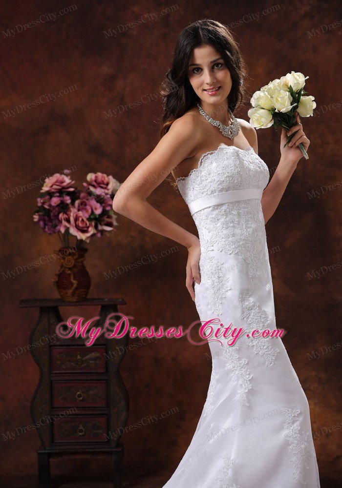 Strapless Mermaid Brush Train Sash and Lace Bridal Dress