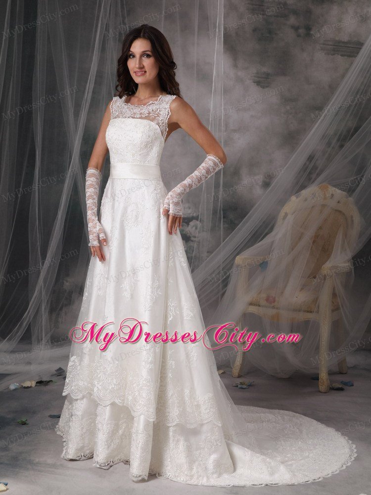 Square A-Line Court Train Lace Wedding Dress with Taffeta