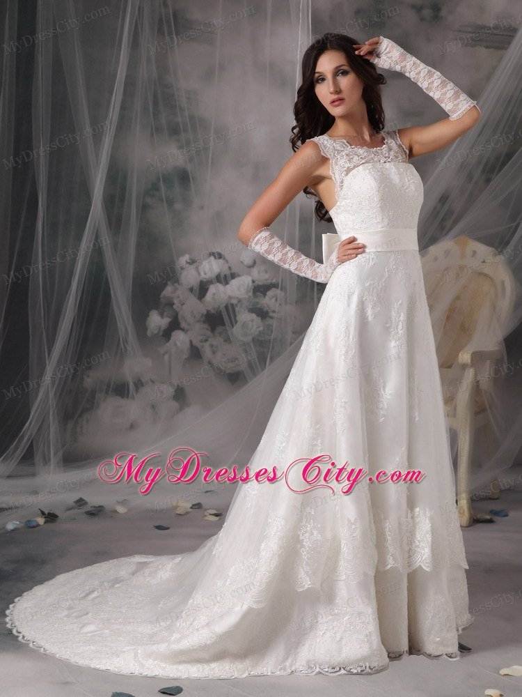 Square A-Line Court Train Lace Wedding Dress with Taffeta