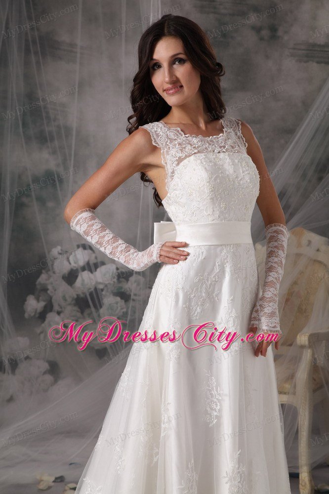 Square A-Line Court Train Lace Wedding Dress with Taffeta