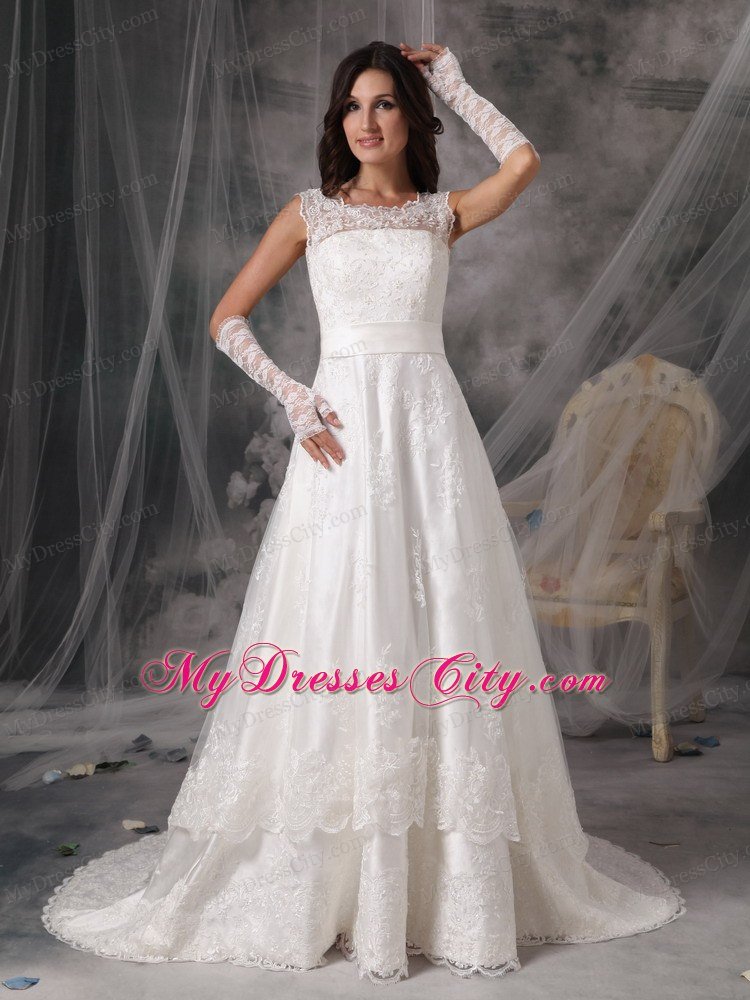 Square A-Line Court Train Lace Wedding Dress with Taffeta