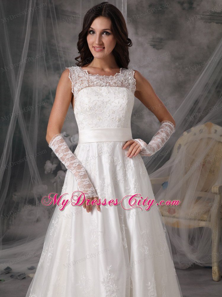 Square A-Line Court Train Lace Wedding Dress with Taffeta