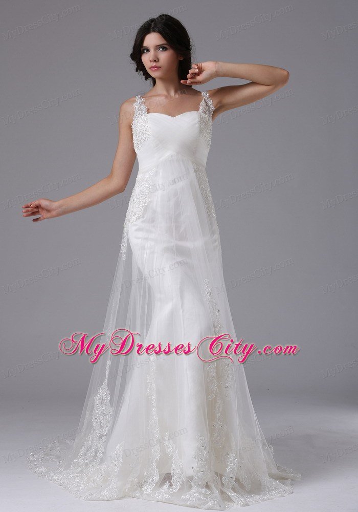 Straps Sweetheart Lace Brush Train Ruched Wedding Gown